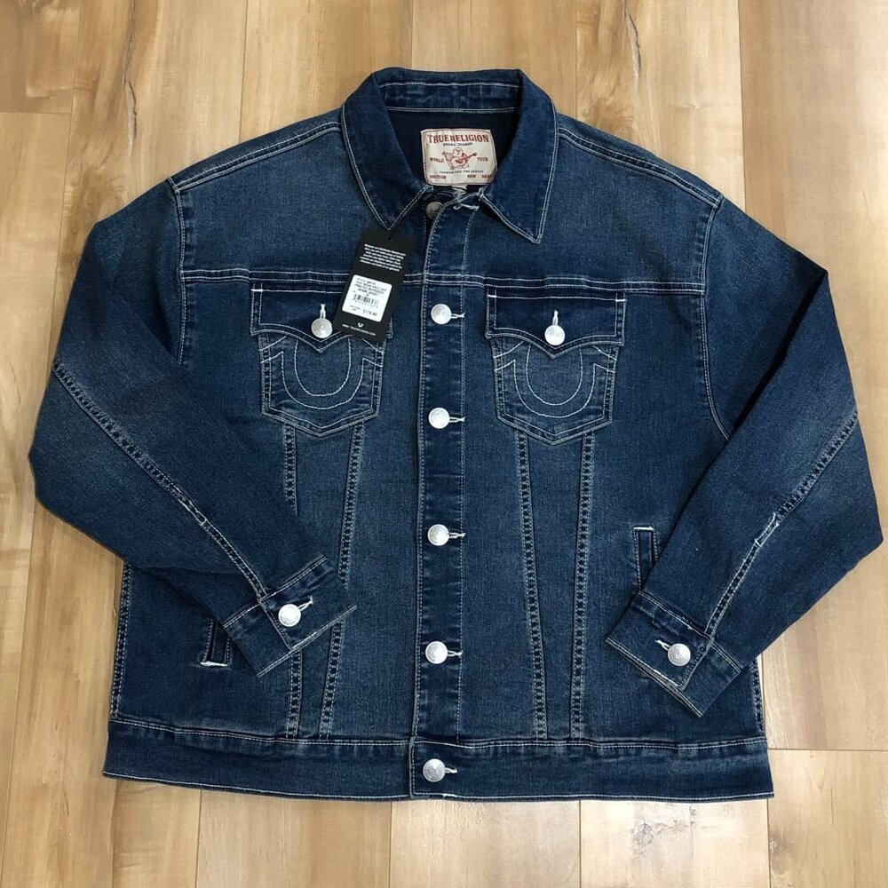 True Religion Trucker Denim Jacket Women Buddha Logo Printed Graphic M NWT $179